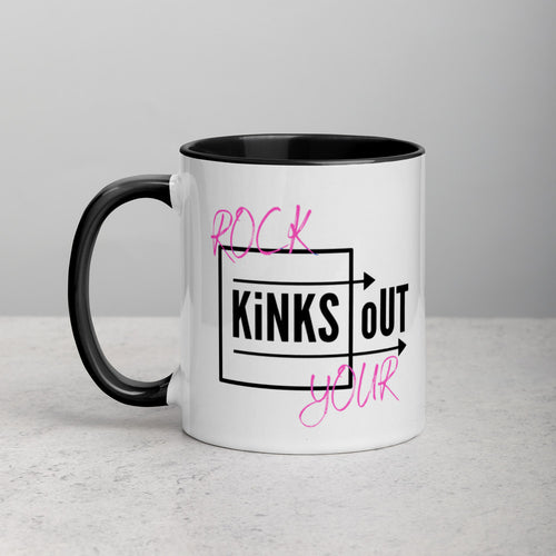 Black and pink slogan Rock Your KiNKS oUT ceramic mug. White outside and black inside, handle and rim.