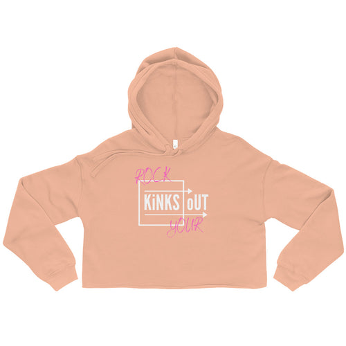 Peach cropped hoodie with white and pink RYKO logo. Raw cropped hem and drawstrings.